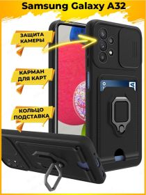 Hold чехол с картой кольцом магнитом и защитой камеры Samsung Galaxy A32 4G Черный