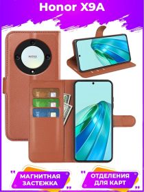 Wallet Чехол книжка с магнитом эко кожаный с карманом для карты на Honor X9A коричневый