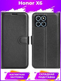 Wallet Чехол книжка с магнитом эко кожаный с карманом для карты на Huawei Honor X6 черный