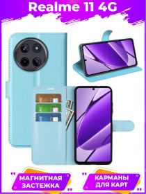 Wallet Чехол книжка с магнитом эко кожаный с карманом для карты на Realme 11 голубой