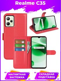 Wallet Чехол книжка с магнитом эко кожаный с карманом для карты на Realme C35 / Реалми С35 красный