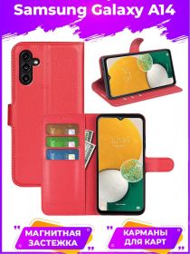 Wallet Чехол книжка с магнитом эко кожаный с карманом для карты на Samsung Galaxy A14 красный
