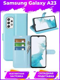 Wallet Чехол книжка с магнитом эко кожаный с карманом для карты на Samsung Galaxy A23 / Самсунг А23 голубой