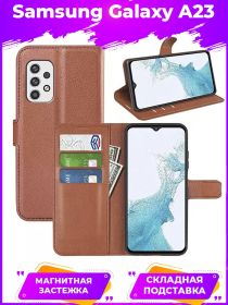 Wallet Чехол книжка с магнитом эко кожаный с карманом для карты на Samsung Galaxy A23 / Самсунг А23 коричневый